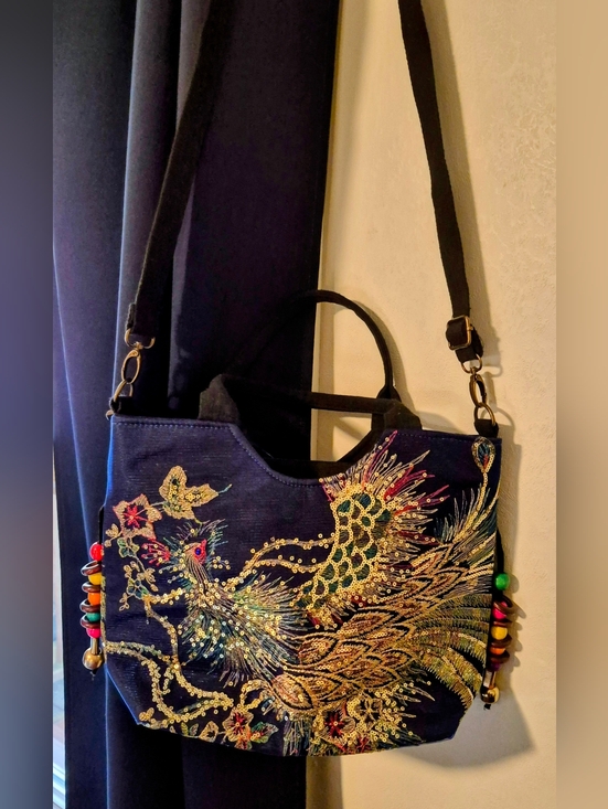 Handbags - "Ella And Elly" Dark Blue Peacock Sequined Embroidered Tote Shoulder Bag